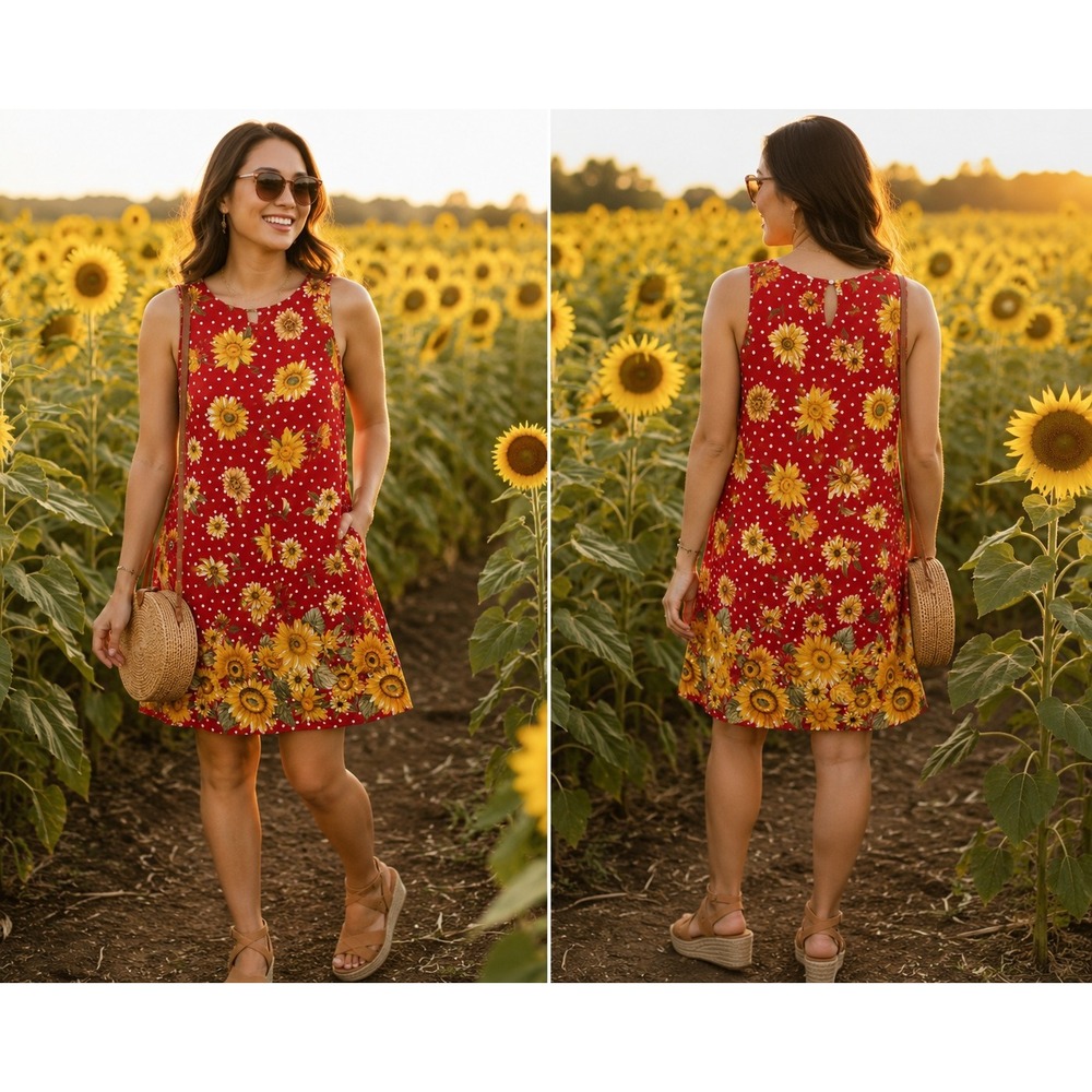 Picnic Sunflower Shift Dress Red Floral Sleeveless Women's Medium‎ Park Avenue